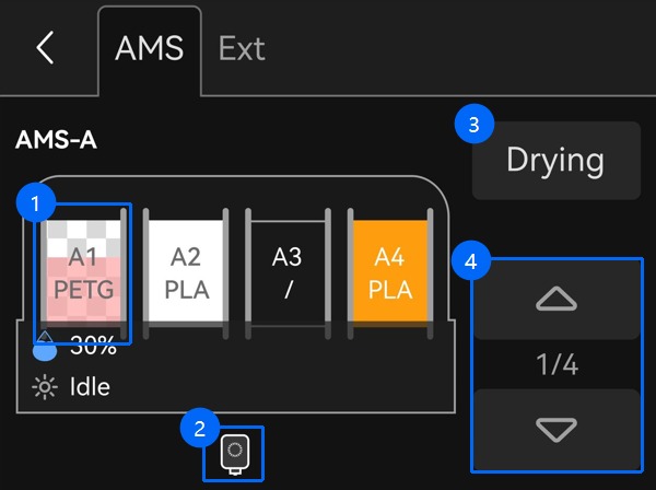 หน้าจอ Filament เมื่อใช้งานร่วมกับ AMS