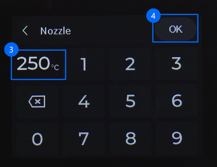 ตั้งค่า Nozzle เป็น 250 ℃ และกด OK