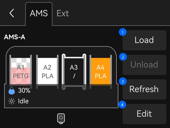 ปุ่มจัดการช่อง Filament ใน AMS