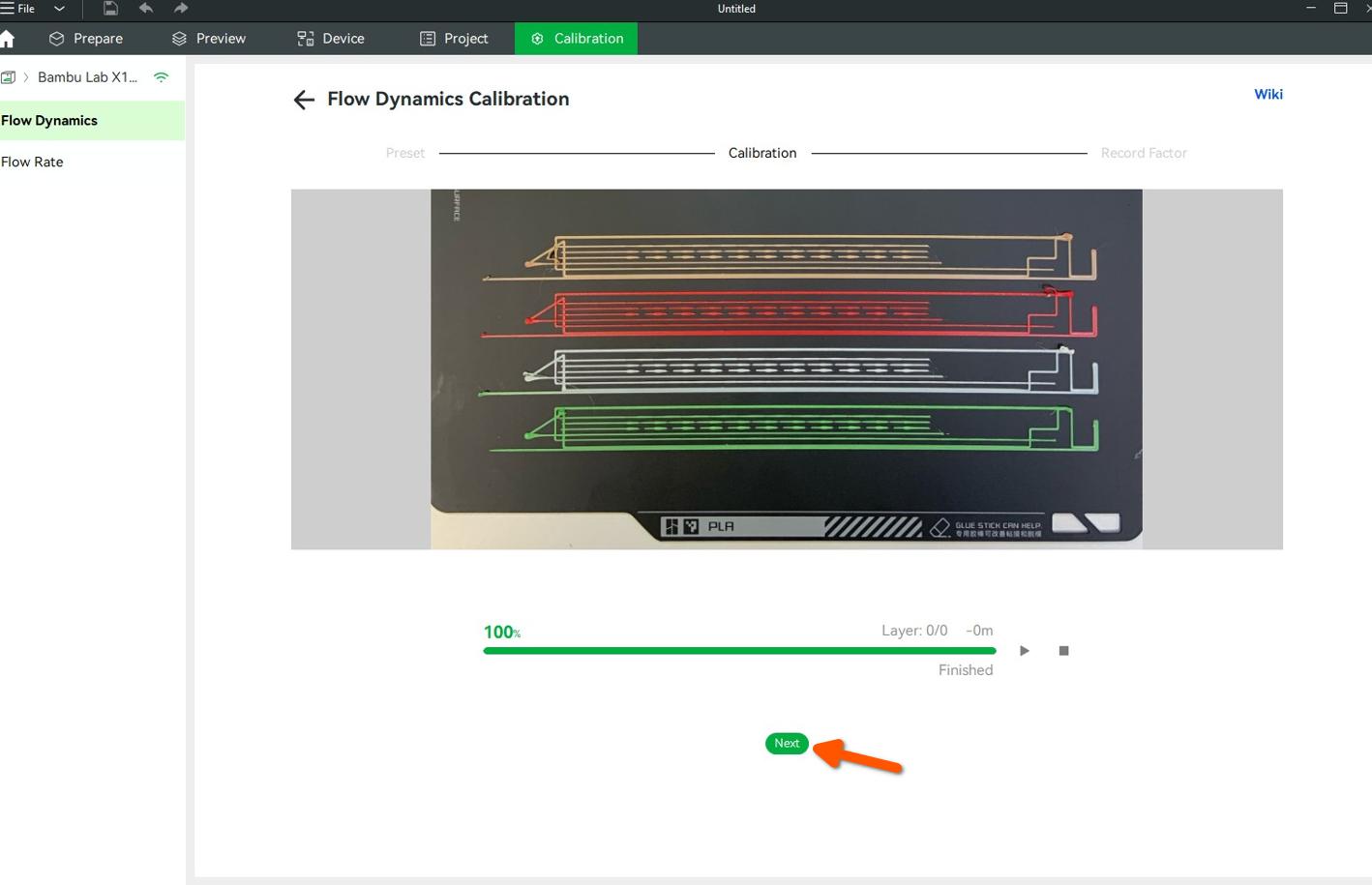 กด Next หลัง Automatic Flow Dynamics Calibration เสร็จ