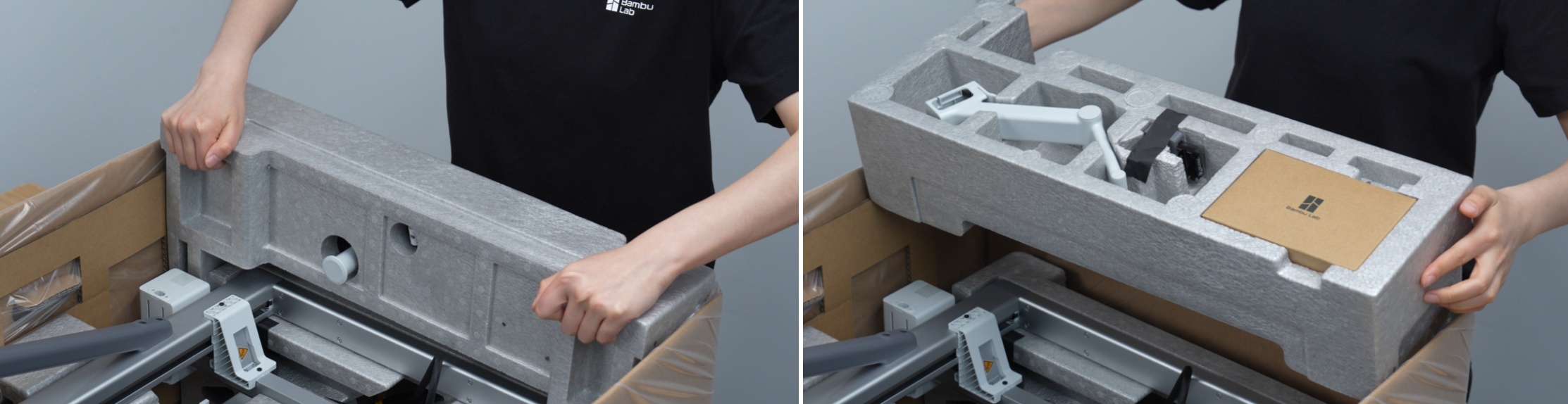 นำโฟมด้านบนและอุปกรณ์เสริม เช่น กล่องอุปกรณ์ Purge Wiper และ Spool Holder ออก
